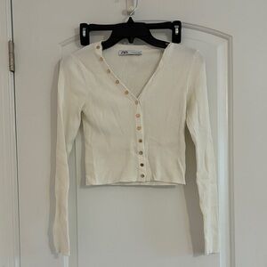 Zara White Ribbed Button-Down Women's Shirt